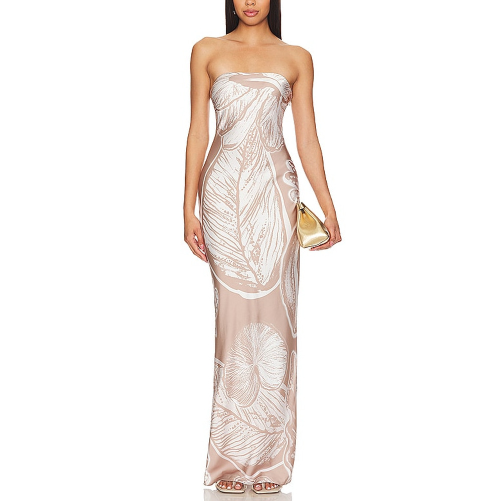 Rococo Sand Strapless Floral-Print Satin Gown in Blush and White